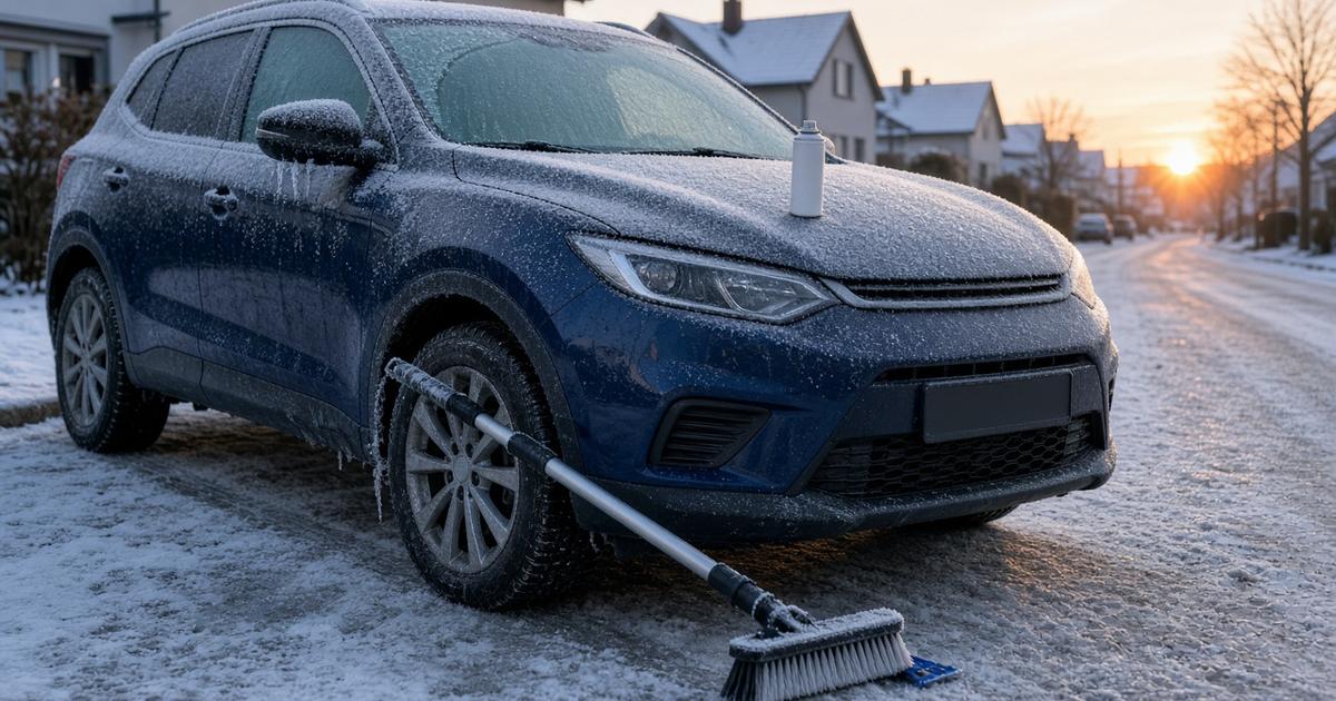 Заскрежен SUV на улица при изгрев, до предното колело е подпряна четка със стъргалка за лед